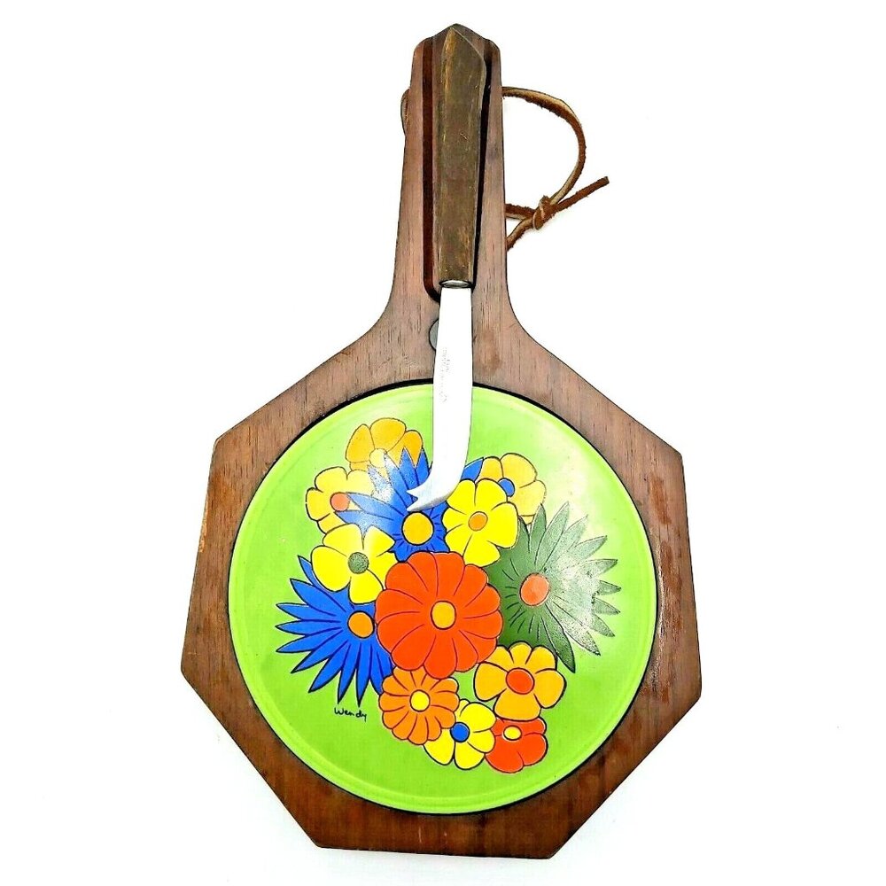 Cheese Cutting Board Hardwood Ceramic Insert  Cheese Knife Japan-Vintage